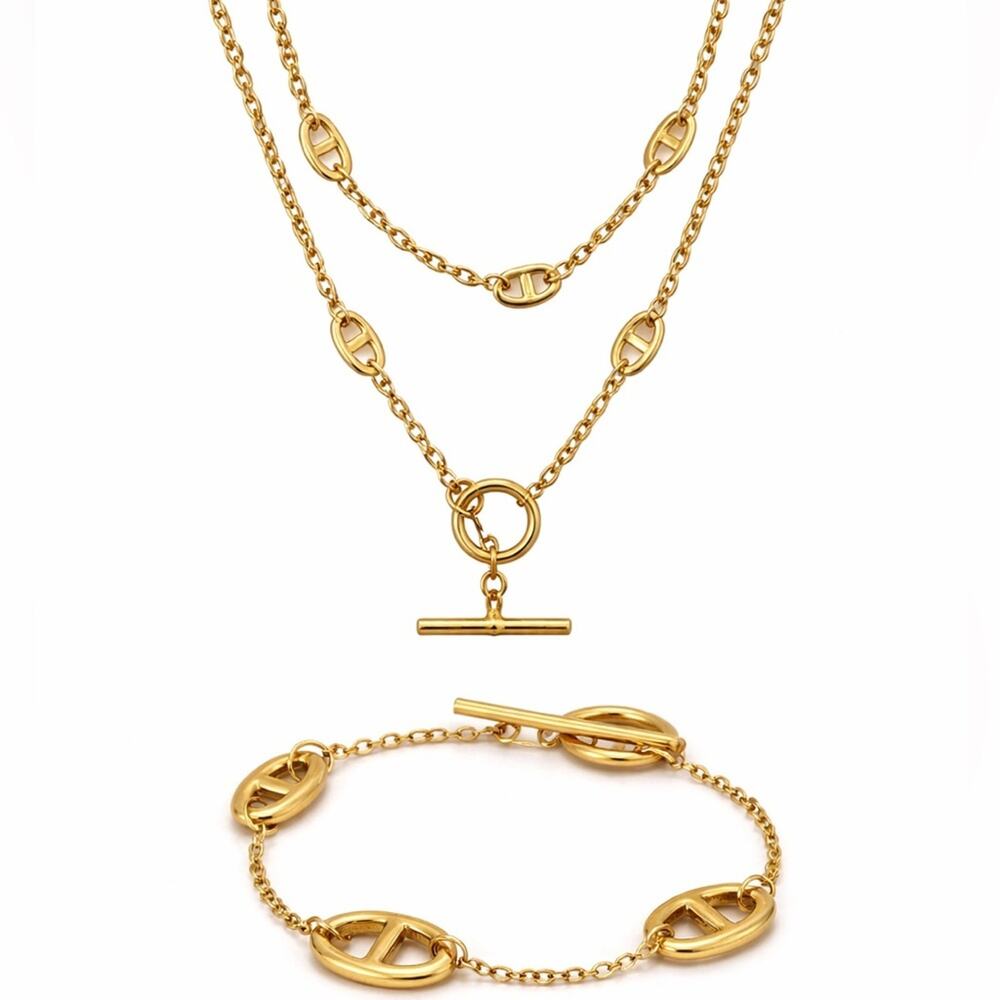 Gold Pig Nose Multilayer Necklace Bracelet Set Stainless Steel Gold Plated